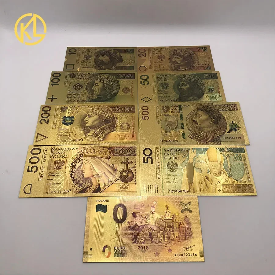 Colored 24K Gold Gold Foil Money Gold Foil Polish Banknote Set10 20 50 100 200 500 PLN for partriotism crafts collection