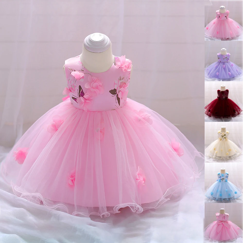 Baby Flower Girls 1st Birthday Party Dresses for Wedding Toddler Bow Tulle Evening Girls Princess Dress Christmas Kids Clothing