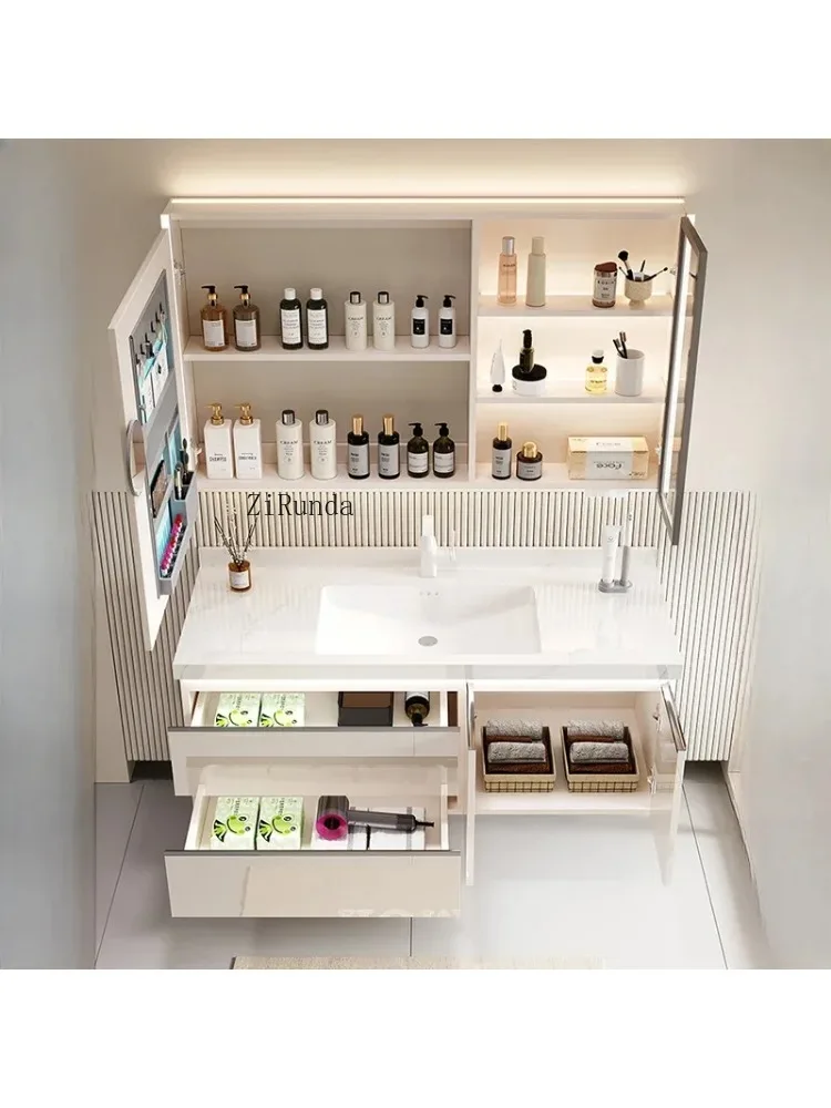 Armário de banheiro estilo creme, placa de rocha, cerâmica, bacia integrada, descanso, espelho, móveis simples para casa