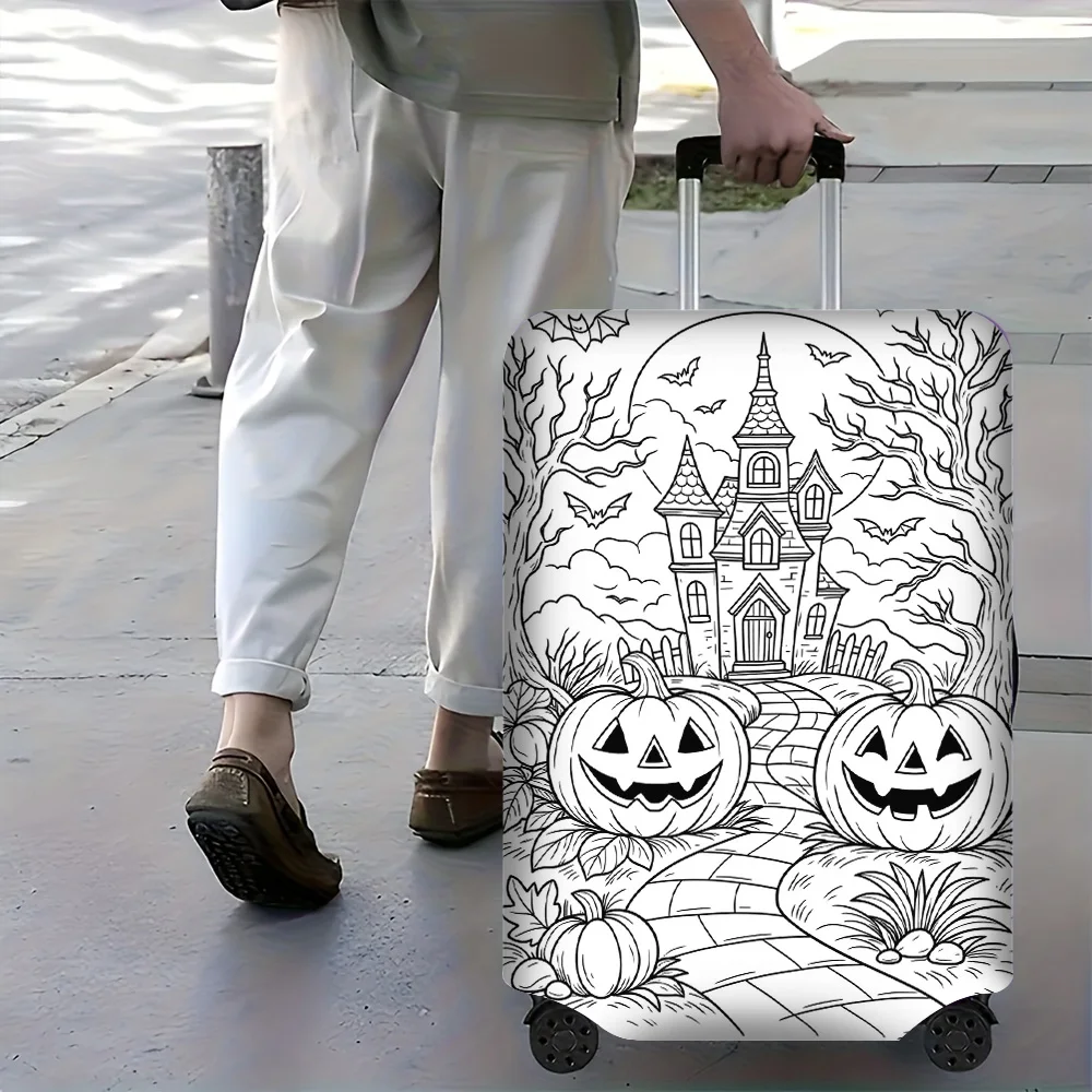 1PC Halloween Spooky Castle and Pumpkin Print Luggage Cover with Manual Doodle Colors. Fits luggage from 18 – 32 inches; dust an