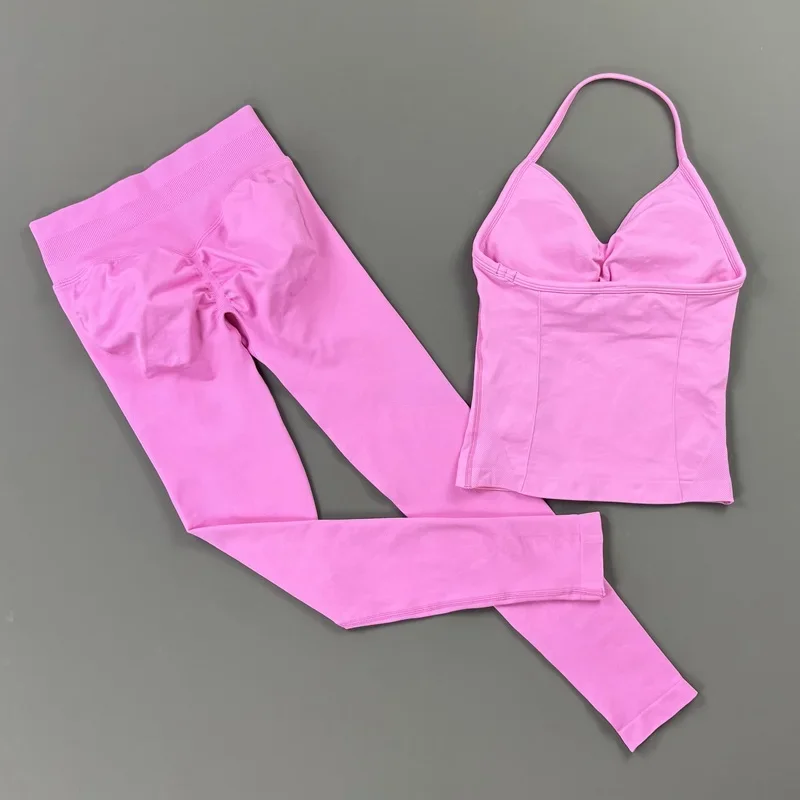 HISTELLO Sports Set Sexy Women Longline Strappy Top Seamless Scrunch Butt Fitness Leggings High-impact Running Workout Gym Set