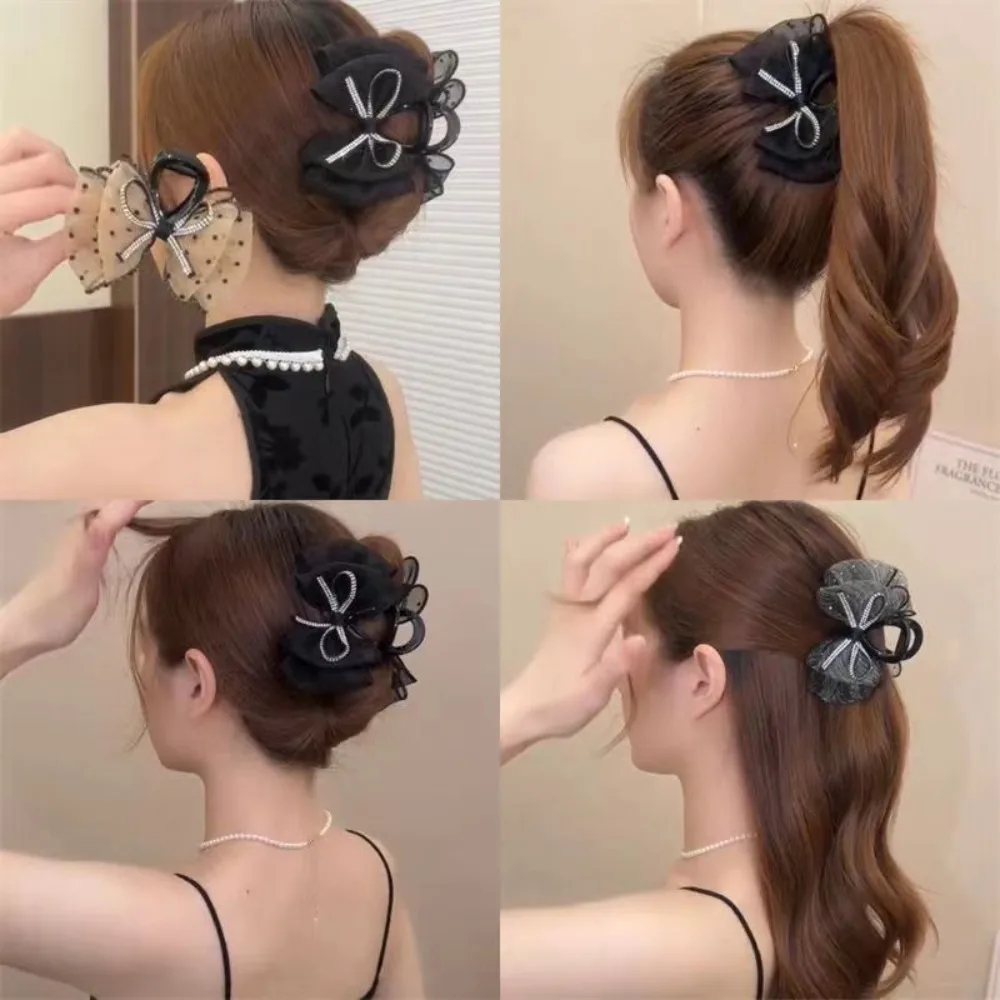 New Crystal Diamond Bow Hair Claw Clip Elegant Vintage Mesh Bubble Hair Clip Korean Hairpin Hair Accessory for Women Pan Hair