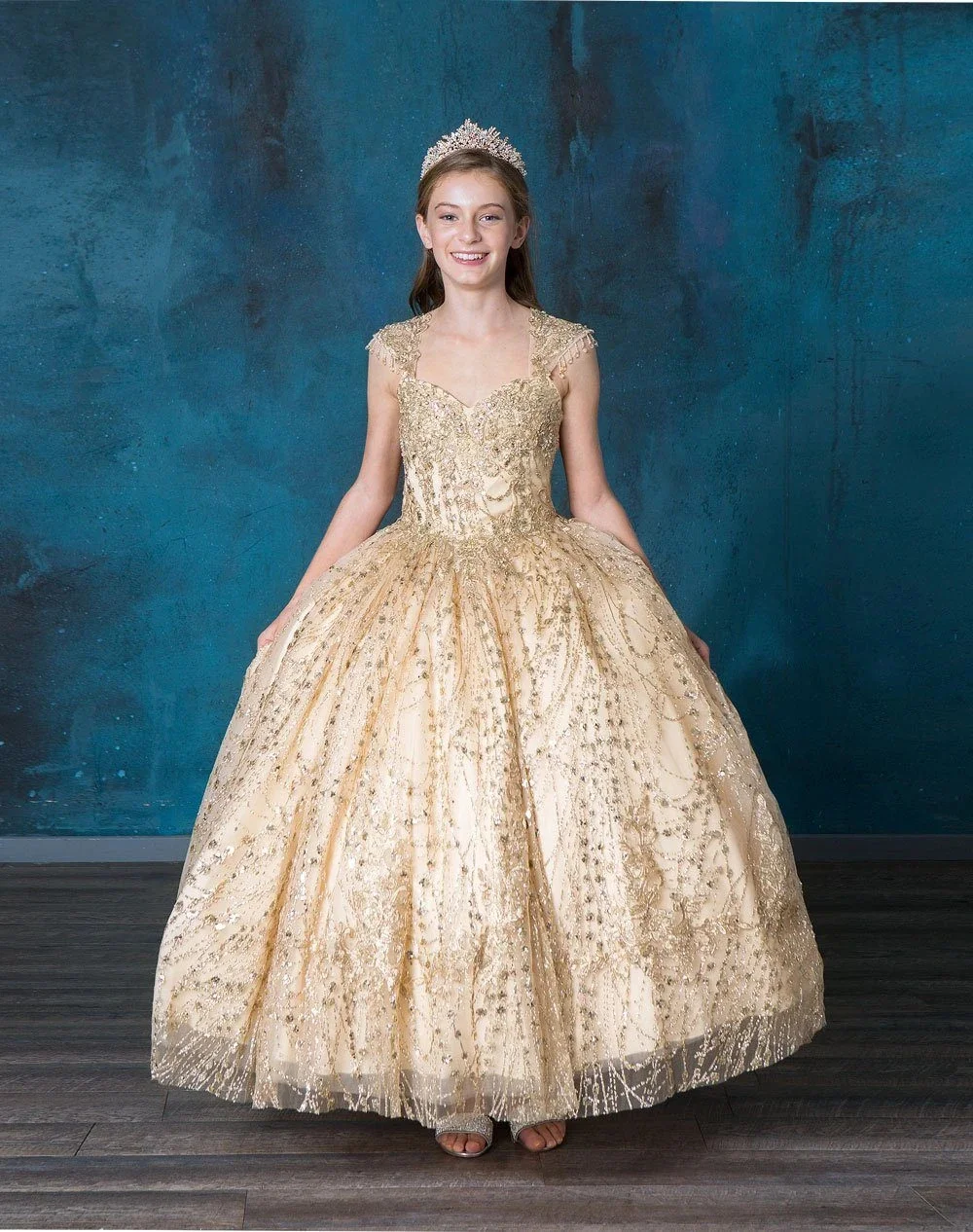 Champagne Cap Sleeve paillettes Appliques Princess Ball Gown Girl Dress First comunione Prom Costumes abiti Flower plisat