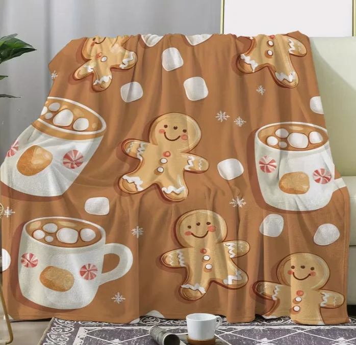 Flannel Blanket, Gingerbread for Man Cocoa Cup Floral Print Christmas Throw Soft for Sofa Bed Car All-Season Decorative Present