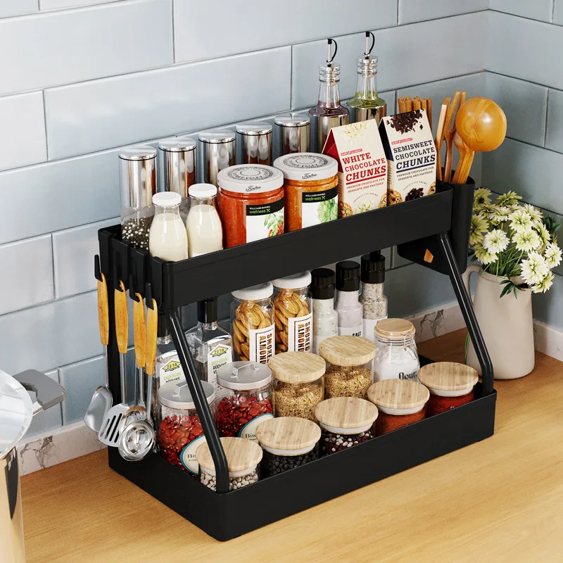 

R-type Kitchen Organizer Spice Rack Jar Spoon Knife and Fork Holder Double-layer Utensils Shelf Seasoning Storage Rack with Hook