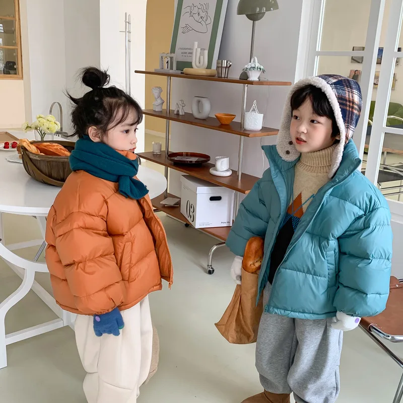 

Down Children Autumn Winter New Boys Girls Tops Korean Solid Color White Duck Down Bread Tide Soild Warm Zipper