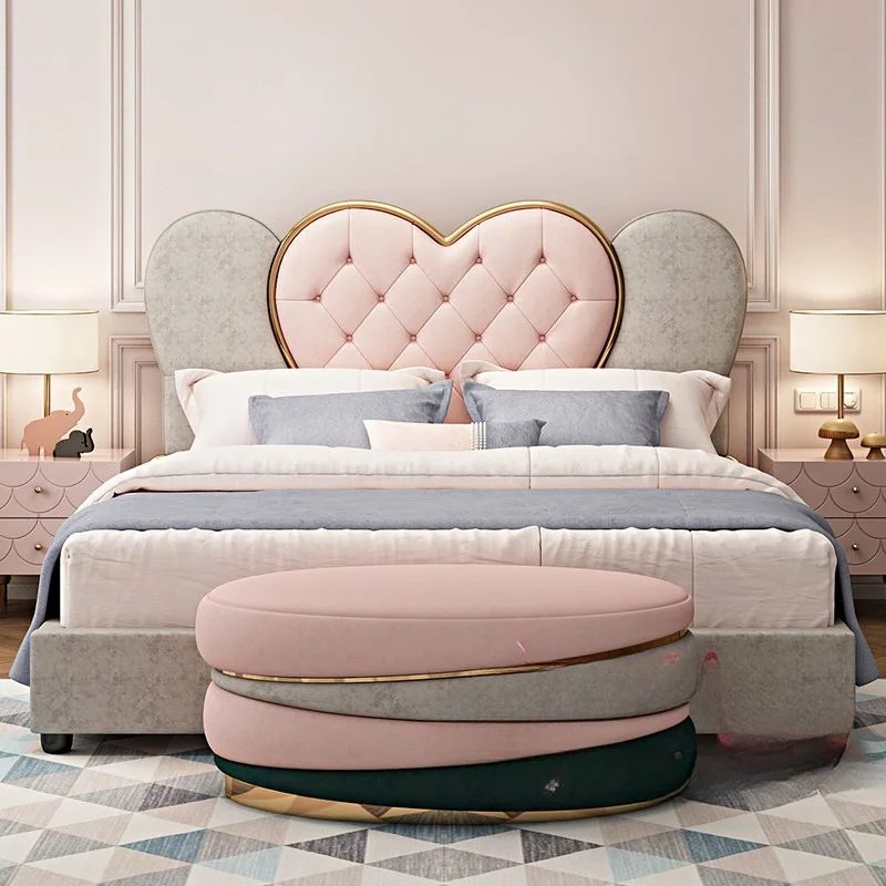 Pink Heart-shaped Love Bed Frame Wooden Queen Size Luxury Girls Couple Italian Bed Frame Marriage Designer Nordic Cama Furniture