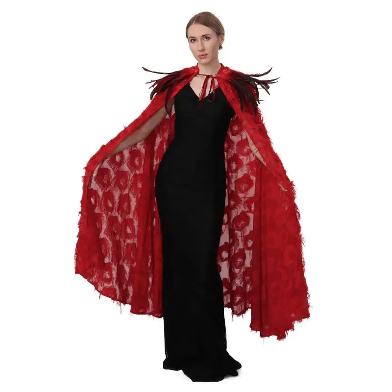 WENAM AUF LAGER Damen-Umhang mit Federkragen, Gothic-Vampir-Hexe-Umhang, Halloween-Federschal mit elegantem Gothic-Stil, neu