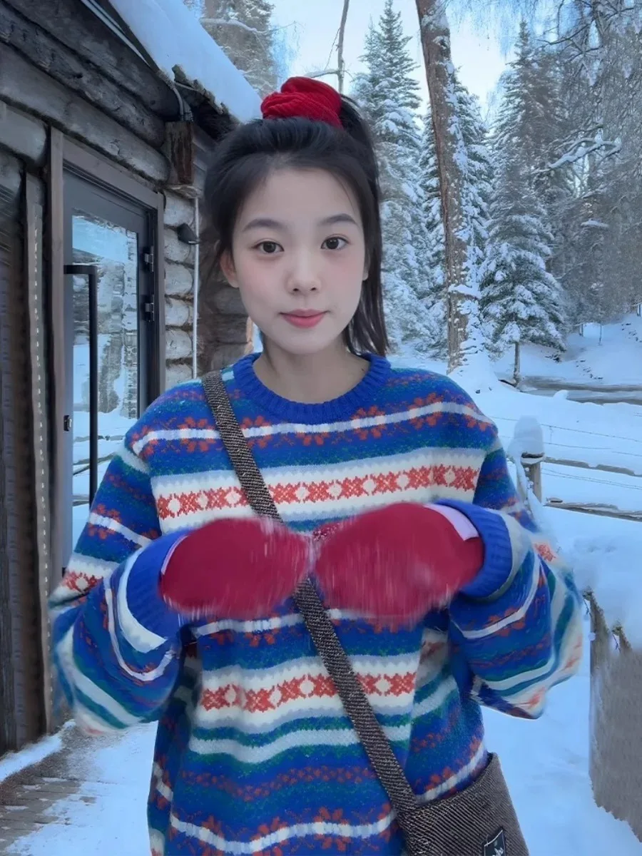 الرجعية الكورية Sle المرأة فضفاضة تناسب Thiened سترة ناعمة جزيرة الأزرق محبوك أعلى لخريف وشتاء الدفء المريح