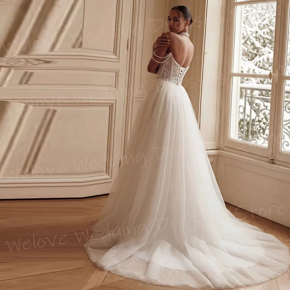 Graceful A Line Women's Off Shoulder Lace Pearl Backless Wedding Dresses Robe De Mariée Customized Bride Gowns Vestido De Novia