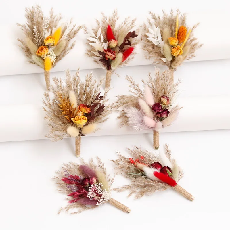 Natural Dry Flowers Bouquet Mini Boutonnieres Groomsmen Buttonholes Bridesmaid Flower Corsage Brooch Christmas Wedding Decor