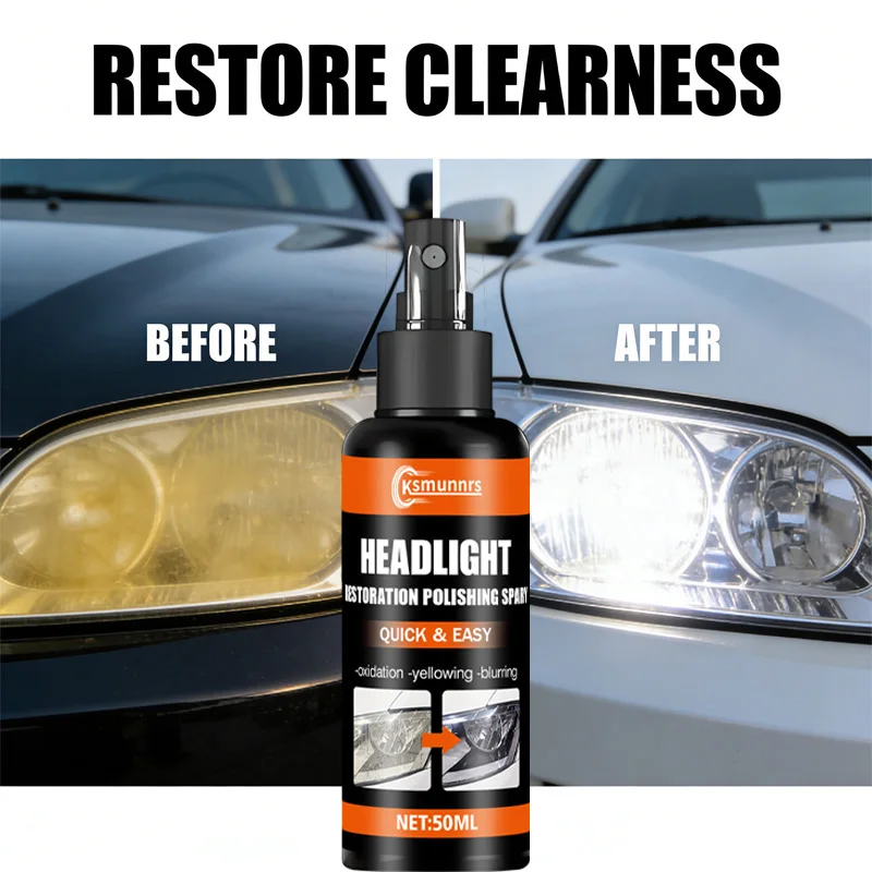 Headlight Restoration Spray Quick Yellow Fog Removal Deep Oxidation Cleaner Clarity Enhancer for Safe Nighttime Lighting