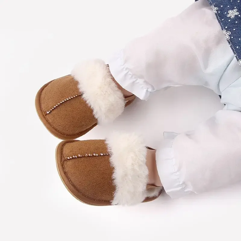 Winter Warm Kids Plush Shoes Thick Fur Soft Soled Slippers 0-1Year Baby Elastic Back Strap First Walkers Outdoor Infant Sneakers