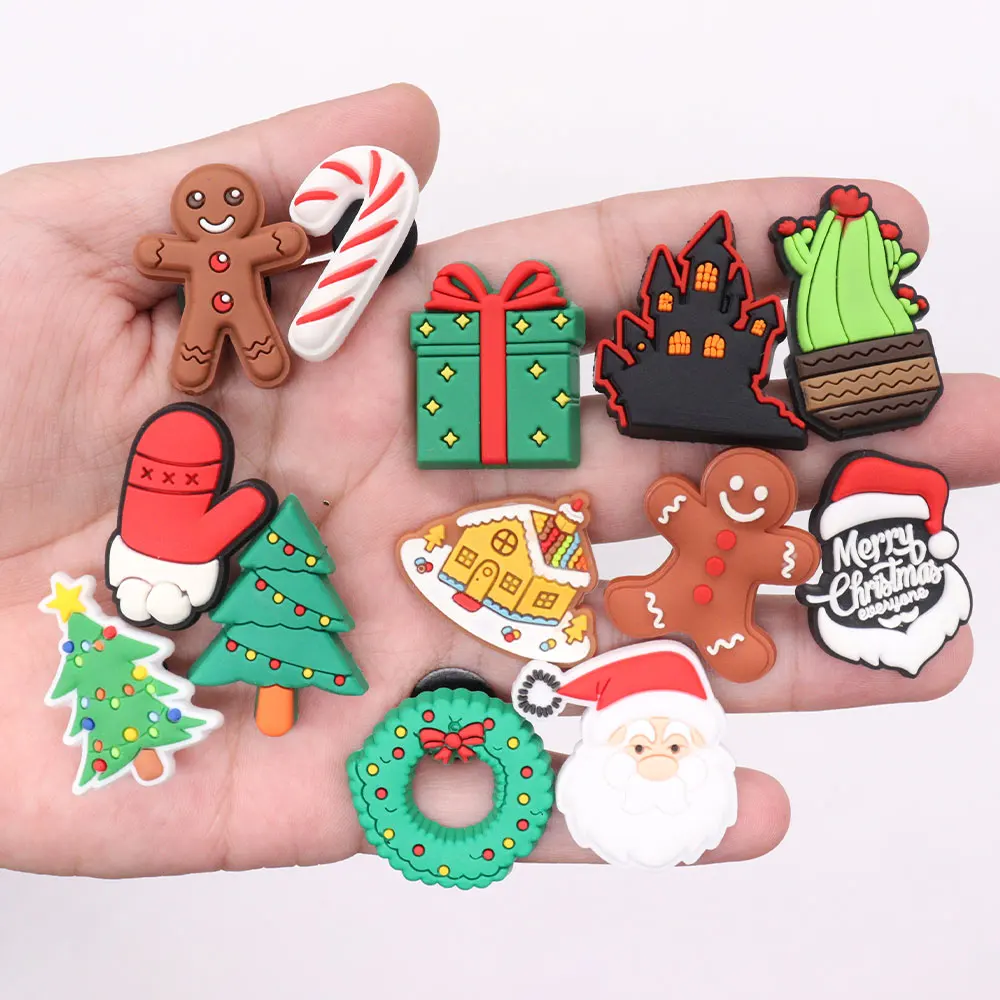 1pcs Merry Christmas Gift Cactus Tree Gingerbread PVC Shoe Charms Garden Shoes Button Decorations Hole Slipper Ornaments Bands