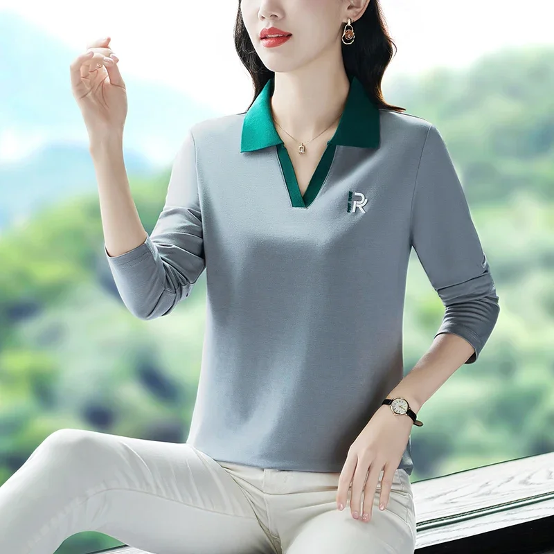 Fashionable Women's Long Sleeve Polo Shirt Solid Color Pulovers T-shirt Luxury Tops Mark Brand Youthful Woman Clothes Autumn