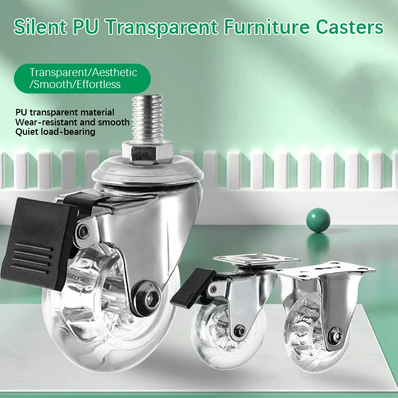 1pcs Transparent Silent Furniture Swivel Caster, 2 Inch 3 Inch Steering Brake Small Pulley, Universal PU Screw Rod Caster Wheels