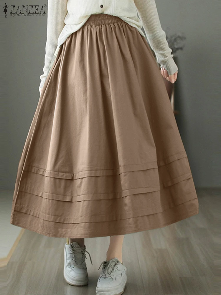 Zanzea feminino casual a linha cintura elástica saia vintage sólido faldas saia elegante trabalho vestido de verão moda férias vestidos 2024