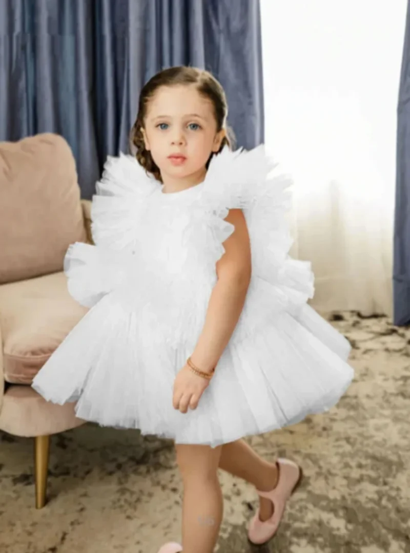 Simple Puffy Tulle Flower Girl Dresses Puff Sleeves First Communion Dresses Ruffles Kids Prom Ball Gown Birthday Dress