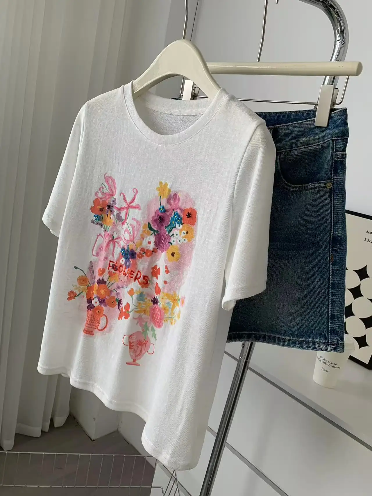 2026 Women Summer Short Sleeve Tees 70% Cotton Blending Beading T Shirts O-Neck Flower Print Tees Summer Tops For Women Clothes