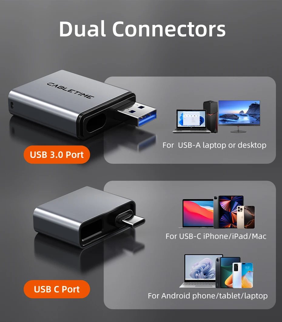 CABLETIME SD4.0 Kartenleser 3 IN 1 312 MB/s 5 Gbit/s USB A & USB C auf SD/TF Speicherkartenadapter für Laptop, Telefon, MacBook – Detail 18