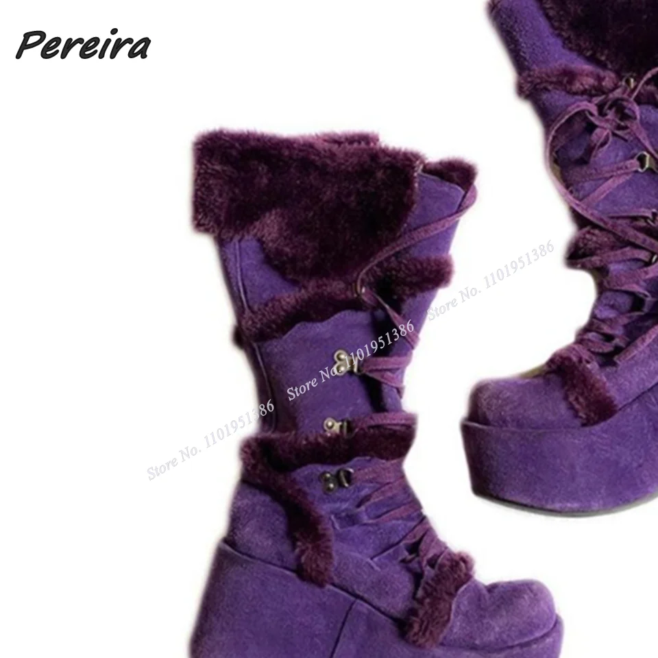 

Pereira Purple Fur Decor Wedges Heel Boots Lace up Platform Round Toe Shoes for Women High Heel New Fashion Zapatillas Mujer