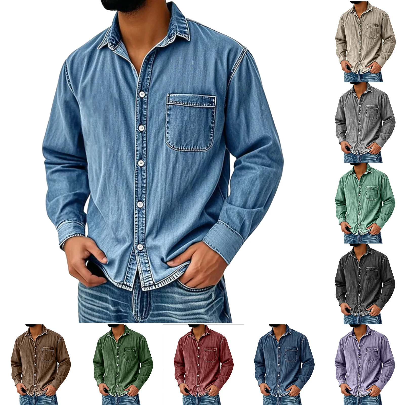 الخريف الرجال عادية بلون المتعثرة قمصان الدنيم ، الذكور الأمريكية عمال ، الرجعية غسلها طويلة الأكمام قميص دينيم سترة #6
