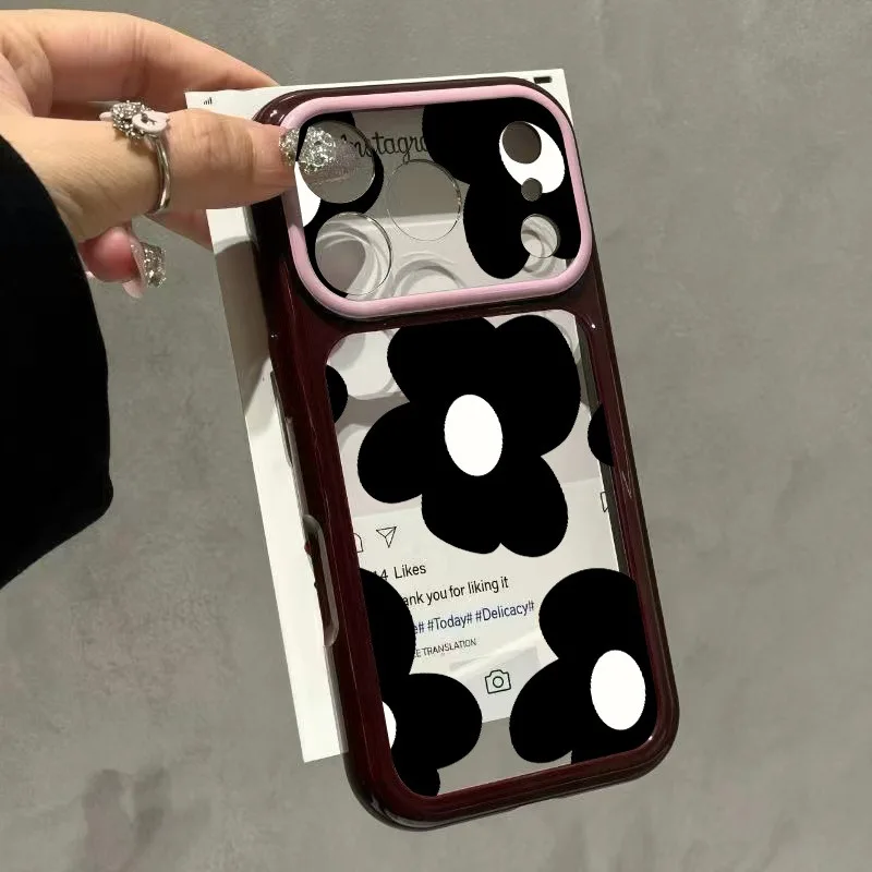 Black And White Flower Pattern Minimalist Wine Red Large Window Phone Case For iPhone 11 12 13 14 15 16 17 18 Pro Max Plus Cover