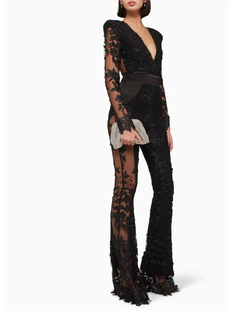 2025 New Sexy Long Sleeve Floral Diamonds Embroidery Jumpsuit Women Black V Neck Mesh Patchwork Beaded Jumpsuit Cocktail Party