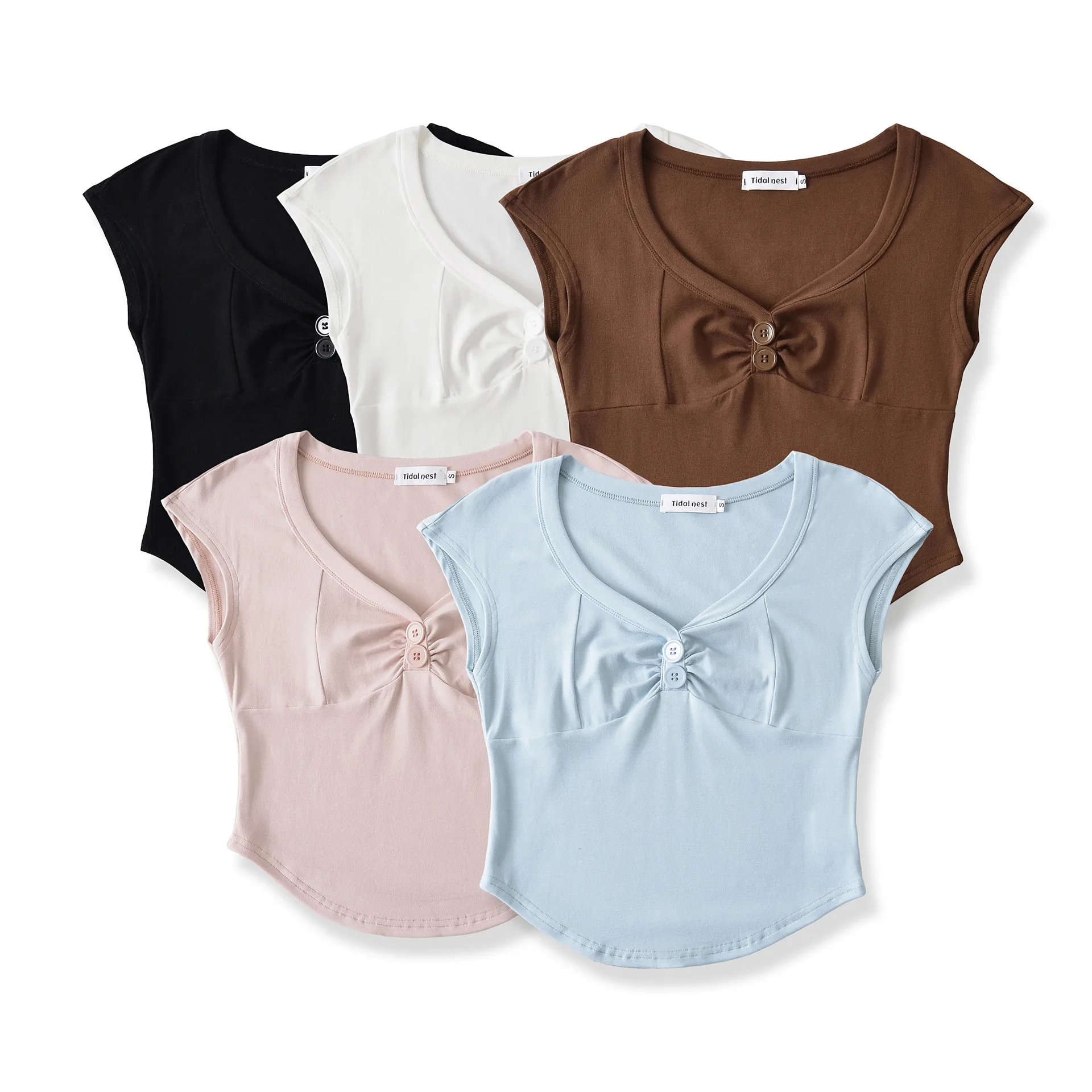 Summer Pure Desire Style Deep V-Neck Ruched Bust-Enhancing Short-Sleeve Top 2025 New Model Curved High-Waisted Hot Girl 42IS