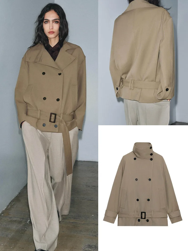 

Faionable Long Sve High Collar Coat Drapey Fabric Belted Outerwear Spring Summer New Arrival Women's Wear Casual Sle