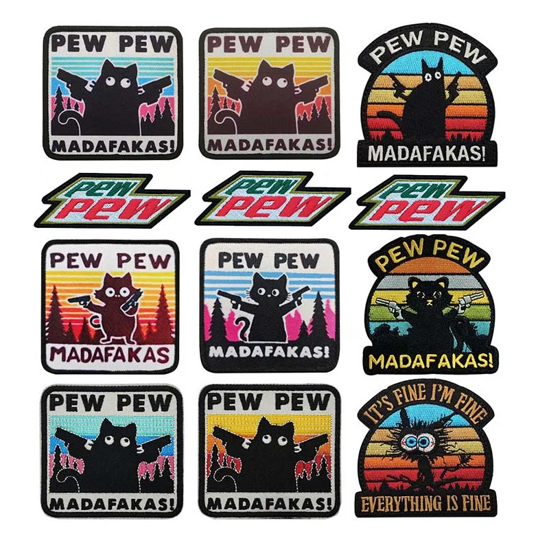 Pew Madafakas Funny Cats With Gun Morale Badges Embroidered Applique Patches, Military Tactical Stickers on Backpack, Clothing