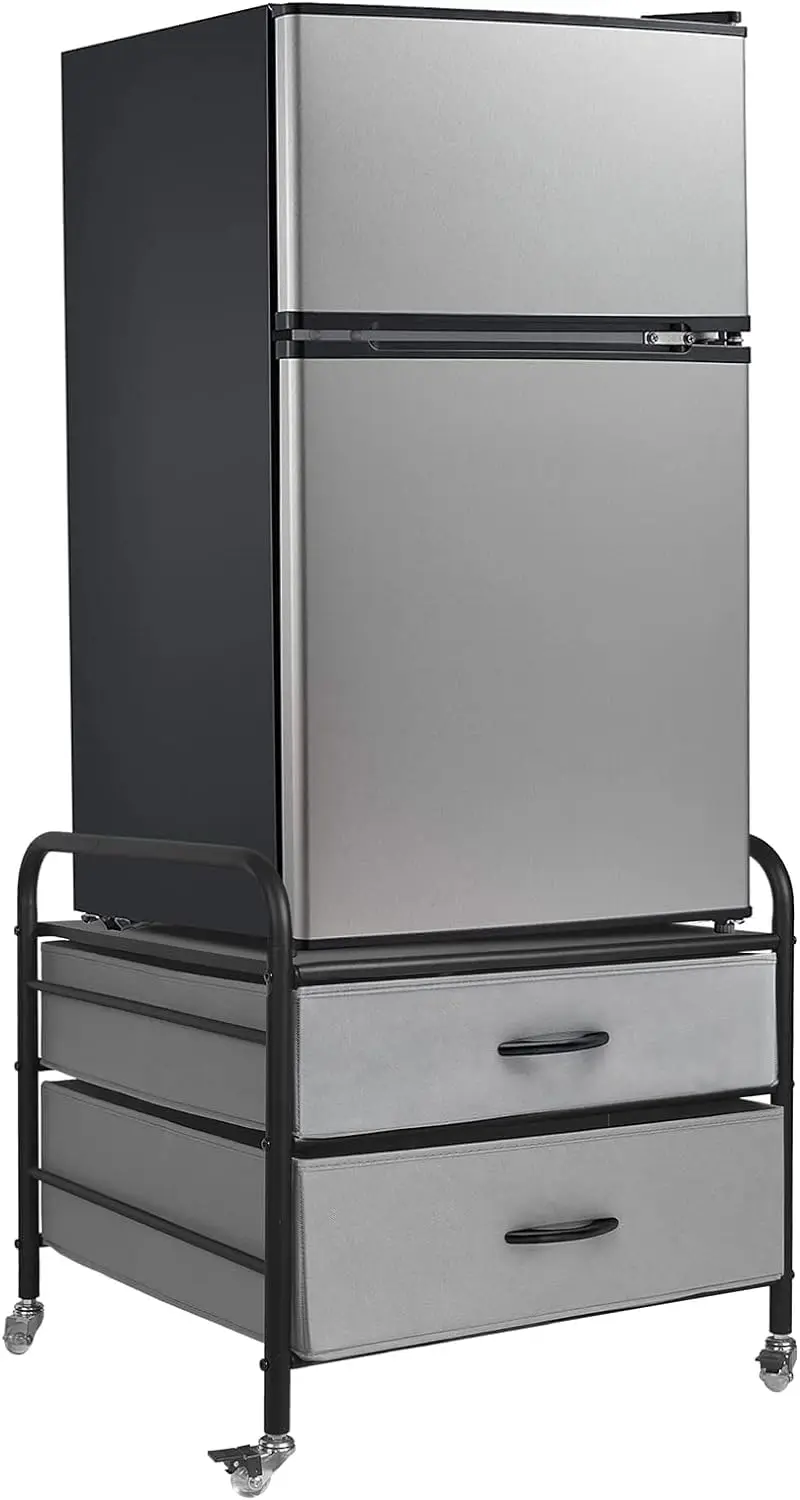 

Compact Fridge Cart with Storage Drawers, Metal Frame and Wheels for Easy Kitchen Organization