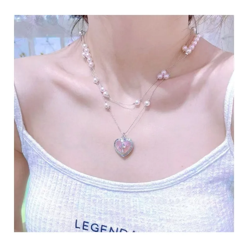 

Sweet Pink Love Pendant Necklace Women's Double Stacked Temperament Lady Fashion Pearl Light Luxury Earrings Neck Chain Tide