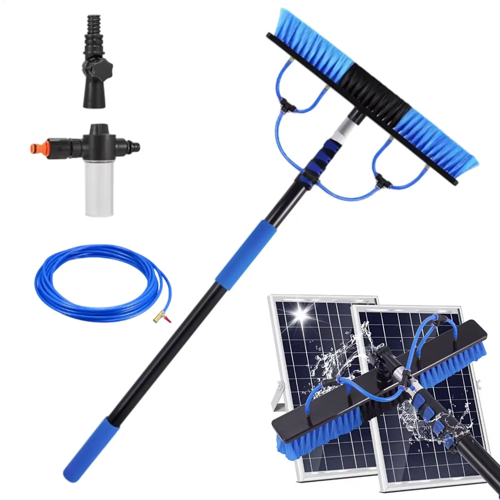 5m Teleskopische Solarmodul-Reinigungsbürste mit 10m Wasserschlauch, Ausziehbarer Fensterreiniger, Glasdachbürste mit Seifenspender