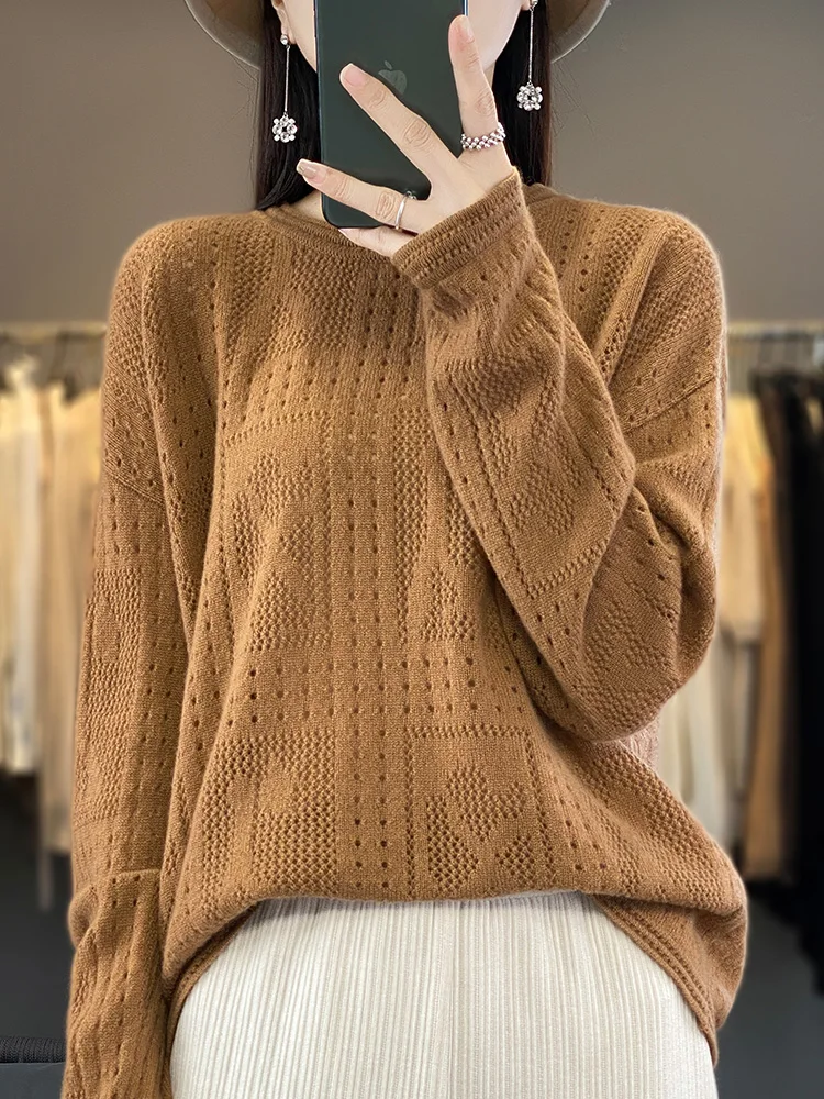 2024 Fashion musim semi musim gugur wanita Sweater kasmir 100% Merino wol rajut Pullover berlubang O-Neck Ladylike atasan lengan panjang