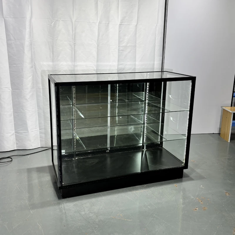 Black Adjustable Glass Display Case with LED Lights Aluminum Frame for Smoke Shops & Retail Counters