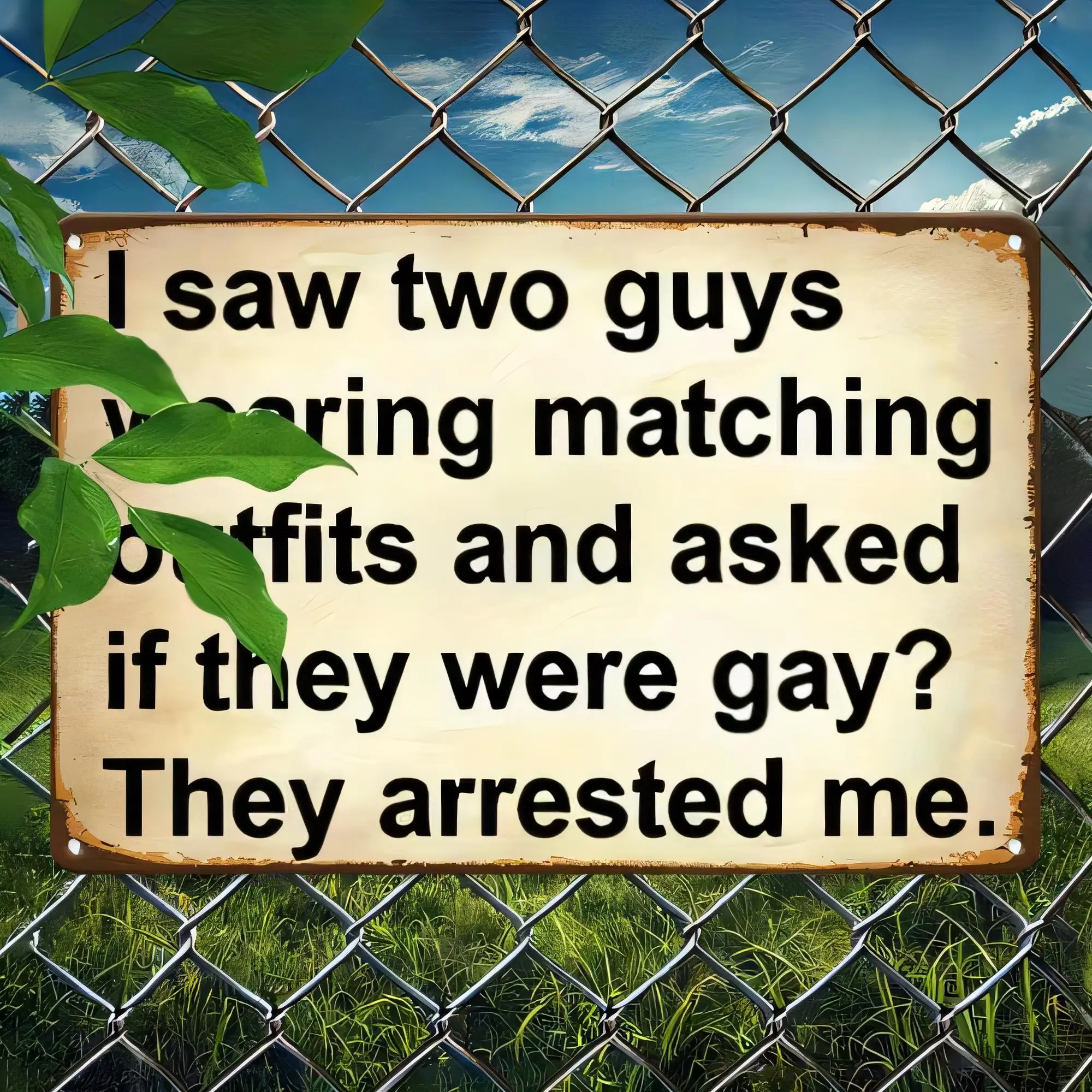 Tin Sign “I Saw Two Guys Garing Matching… They Arrested Me” Funny LGBTQ Pride Quote Metal Plaque for Wall Decor, Retro Vintage S