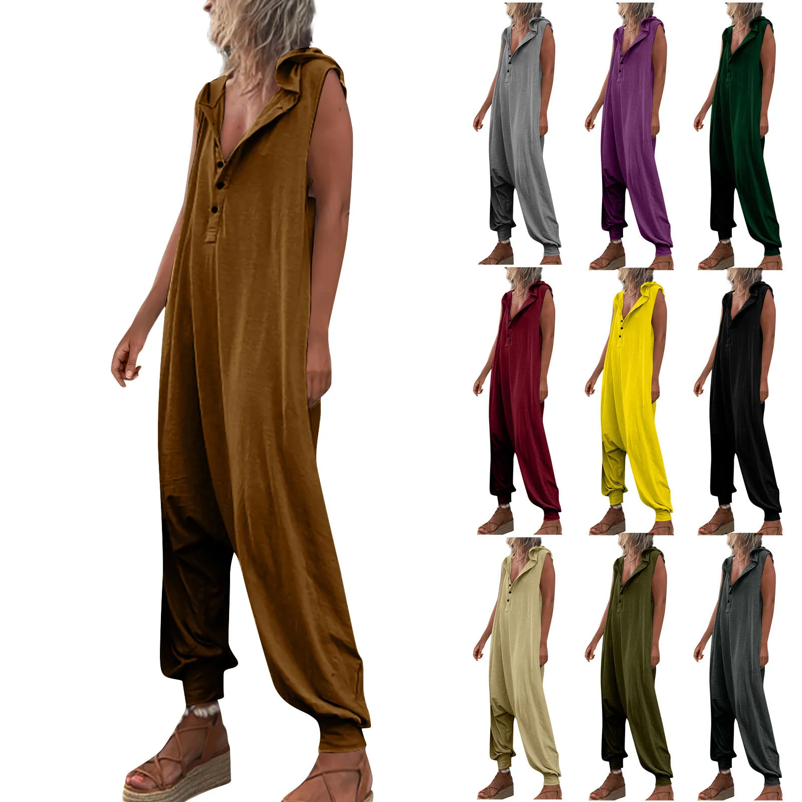 

2023 Women Clothes Casual Streetwear Oversize Y2K Hooded Overalls Romper Summer Vintage Sleeveless Pockets Cotton Linen Jumpsuit