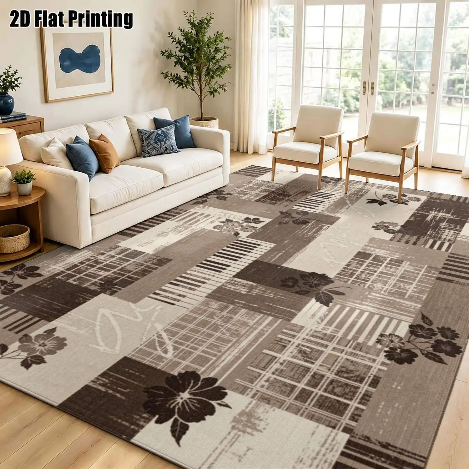 1Pc 2D Printed Carpet: Brown-Toned Floral & Geometric Patterns, Retro & Modern Minimalist, Home Decor, Multi-Size, Machine Washable, Multi-Scene Use