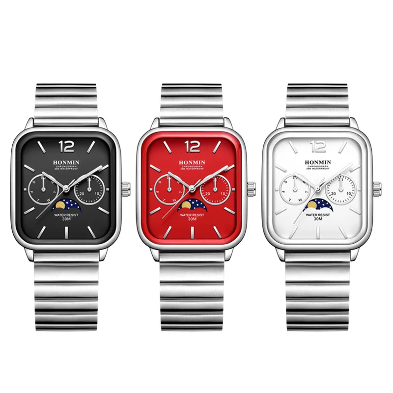 Brand moon phase small square multi-function watch men's watch women's watch waterproof steel belt quartz watch trend
