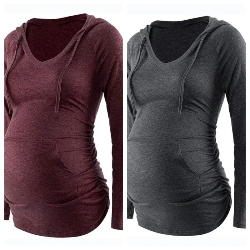 

Европейский и американский новый осенне-зимний топ с v-образным вырезом и капюшоном с цветными блоками и длинными рукавами и карманами для беременных