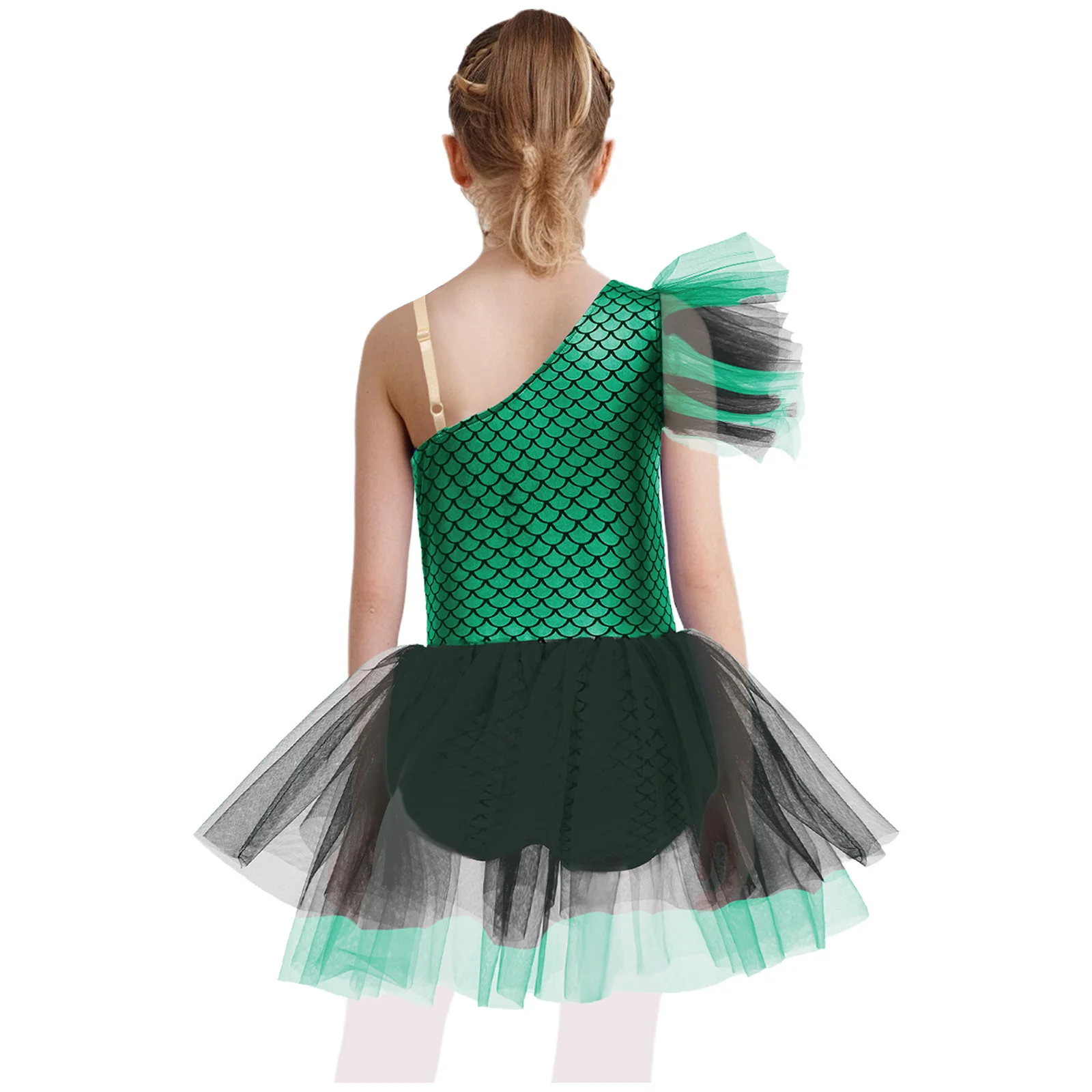 Детское платье для балета и танцев для девочек, фигурного катания, гимнастики, карнавальный костюм на Хэллоуин, костюм русалки с принтом рыбьей чешуи, сетчатый купальник-пачка