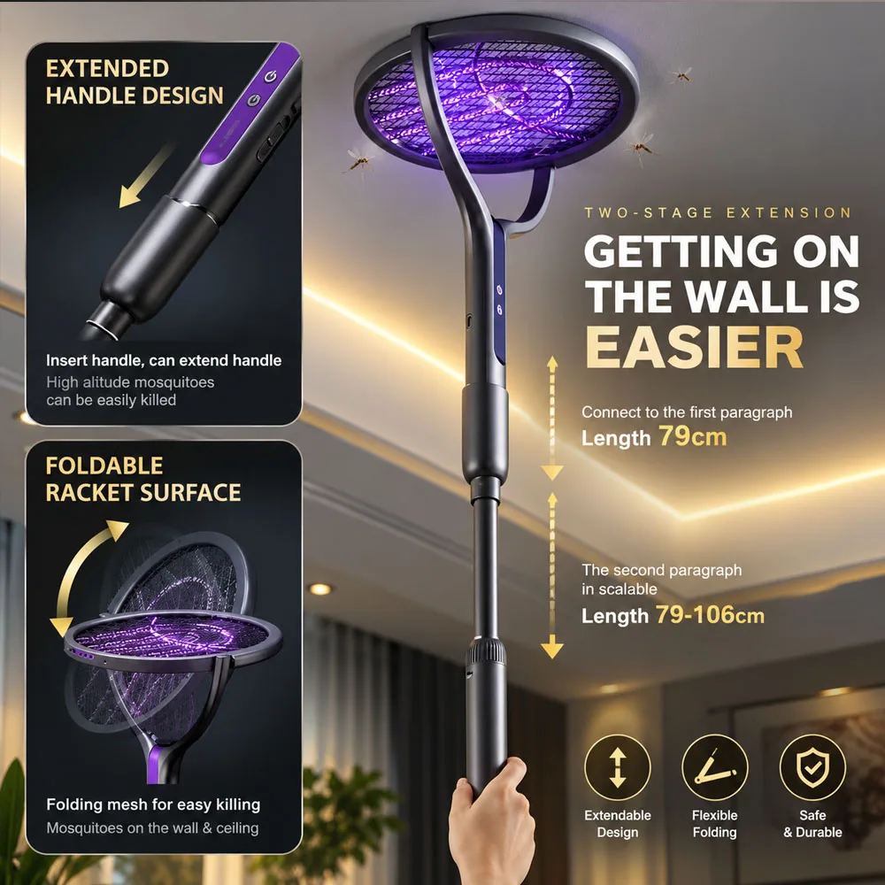 Electric Fly Swatter 4000V Bug Zapper Racket Rechargeable Rotating Head Telescopic 1200mAh Mosquito Zapper Home with Child Lock