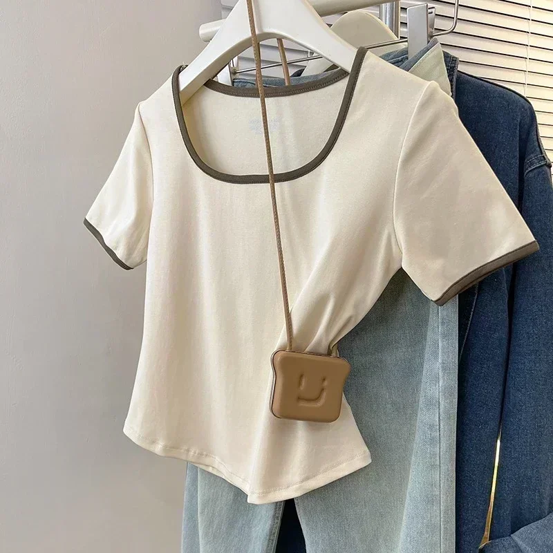 Feminino verão colheita topos de algodão sólido camisetas femininas esportivas manga curta moda casual branco preto roupas magro o-pescoço