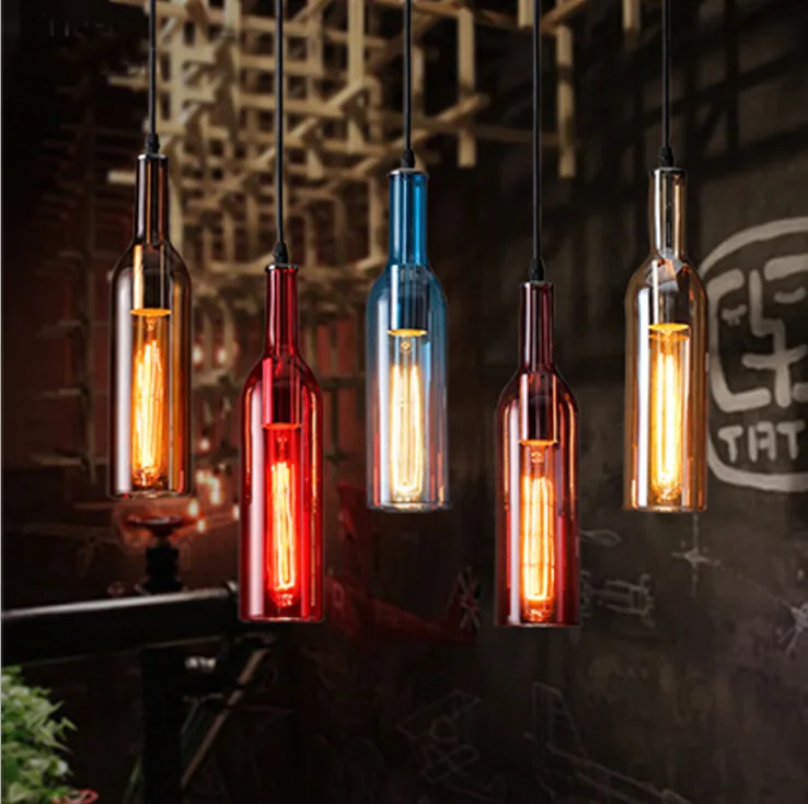 American Retro Colored Glass Pendant Light Creative Beer Bottle Design LED Lights for Restaurant  Bar Bedroom Living Room Decor