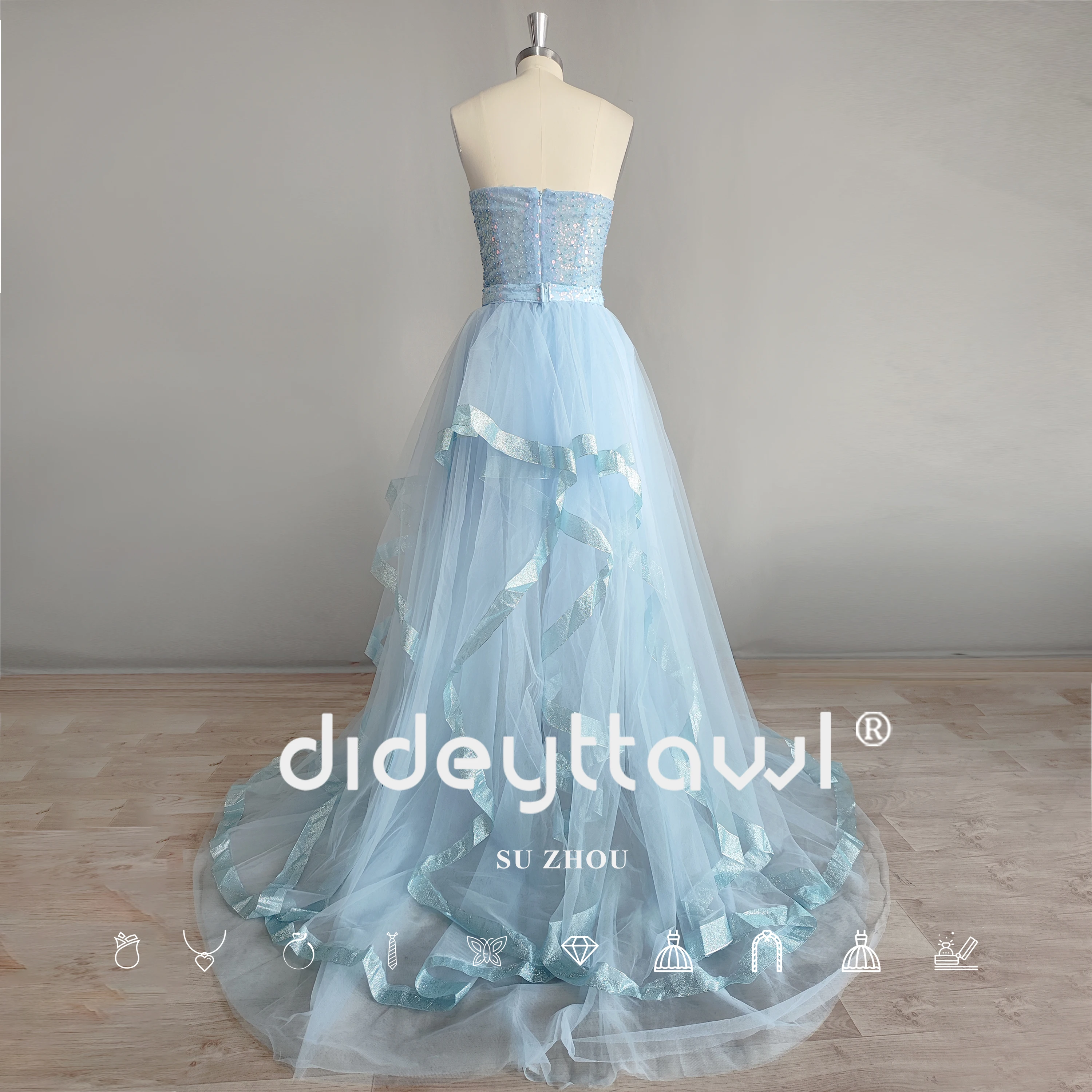 DIDEYTTAWL Baby Blue Sequins Sparkly Strapless Detachable Tiered Train Prom Gown Sheath Sweetheart Rushed Short Evening Dress