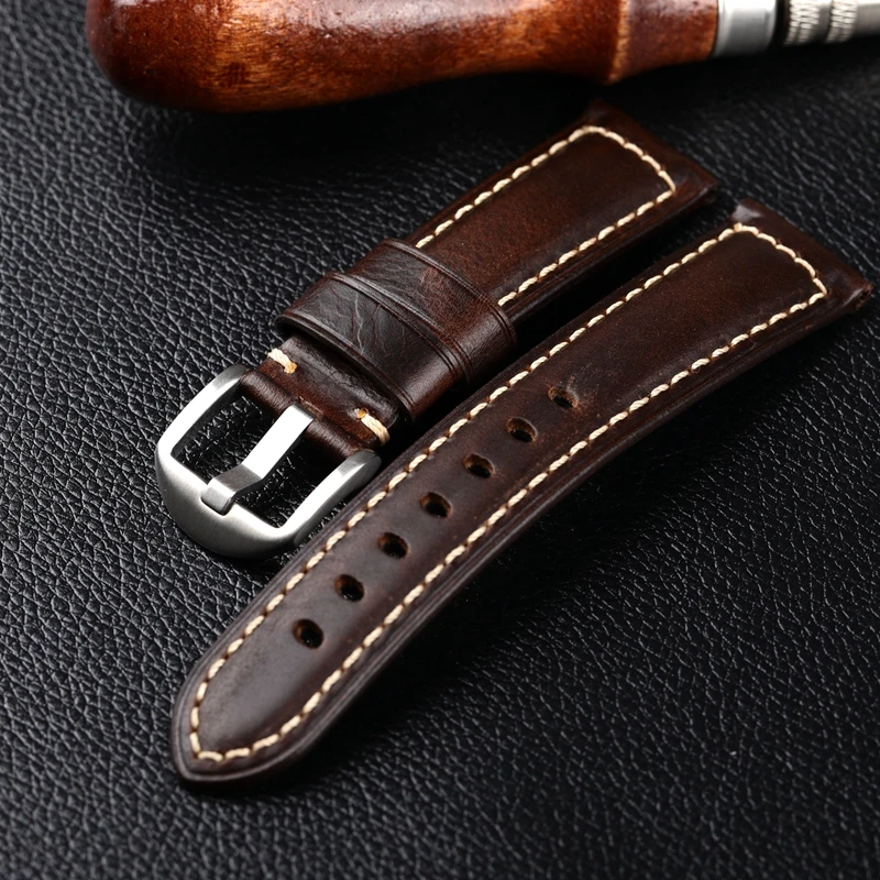 Handmade Head Layer Cowhide Leather Strap 18 19 20 21 22 23 24 26MM Oil Waxed Leather Genuine Leather Vintage Men Bracelet