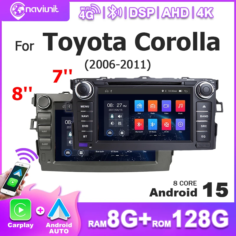 Écran multimédia 7 "8" Android 15, CarPlay sans fil, autoradio stéréo pour Toyota URIs Corolla 2006-2013, lecteur multimédia