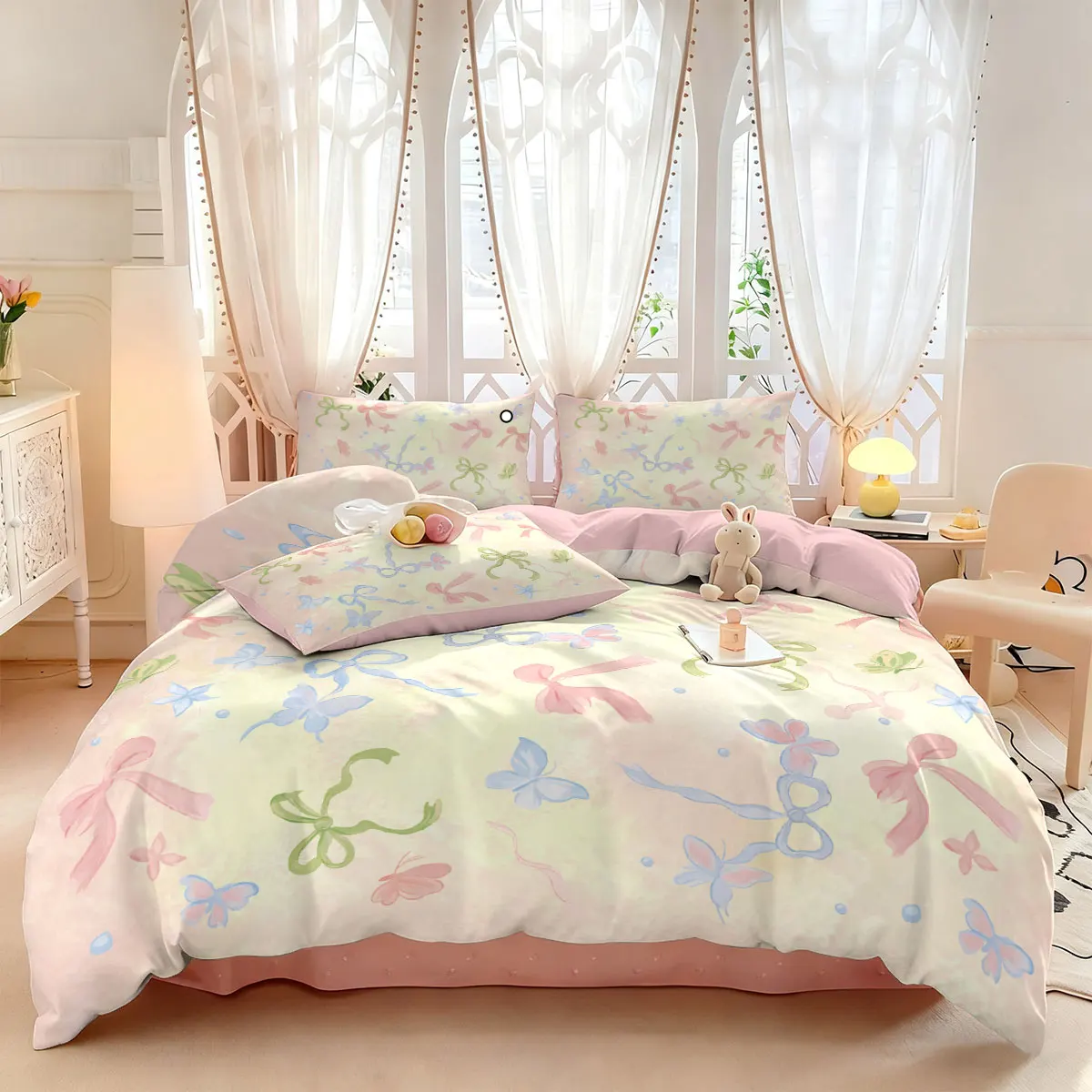 3pcs pink dreamy sweet bow printed coreless bedding set, multi size bedroom bedding decoration, soft and comfortable