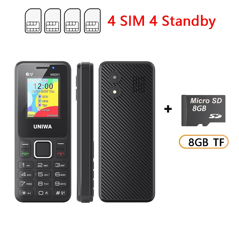 UNIWA MS001 – telefon z podstawowymi funkcjami, obsługa 4 kart SIM, 4 tryby czuwania, wzmacniacz sygnału GSM, telefon z klawiaturą, bateria 1800 mAh, bezprzewodowe radio, wbudowana latarka, telefon komórkowy dla osób starszych. — zdjęcie produktu 7